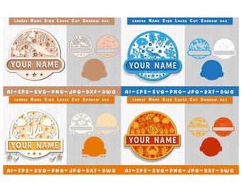 Letrero de nombre en capas SVG, archivos de caja de sombra para corte láser, descarga instantánea