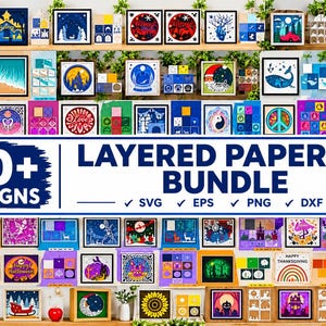 May include: A digital collection of over 50 layered papercut designs featuring diverse themes like holidays, nature, animals, and geometric patterns. The bundle includes SVG, EPS, PNG, and DXF file formats for crafting projects.