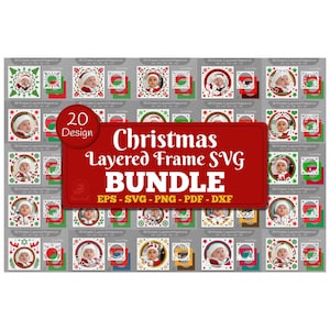 May include: A collection of 20 Christmas-themed layered frame SVG designs. The frames feature images of a baby in a Santa hat, with red, green, and white accents. The bundle includes EPS, SVG, PNG, PDF, and DXF formats.