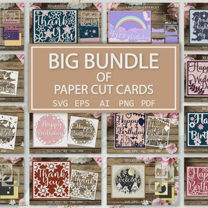 May include: A collection of layered paper cut cards with various designs. The cards feature phrases like "Happy Birthday," "Thank You," and "Welcome." The color palette includes shades of purple, blue, pink, and gold. The cards are displayed on a wooden surface.