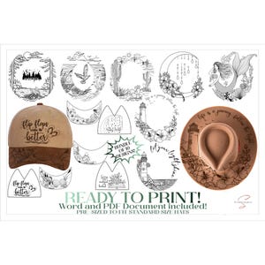 May include: A selection of hat designs and a baseball cap. The cap is tan with a brown brim and the words "flip flops make life better". The designs include nature scenes, a mermaid, and lighthouse illustrations.