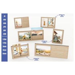 May include: A set of five wooden picture frames with different sizes for 2x3 inch, 3x5 inch, and 4x6 inch photos. The frames are made of natural wood and have a rustic look.
