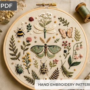 Botanique insectes motif de broderie à la main PDF papillon abeille libellule dessins