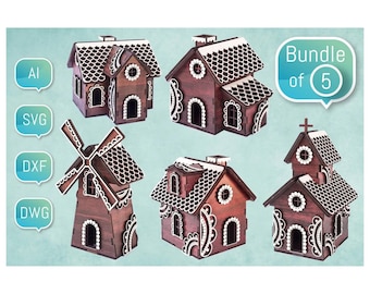 Gingerbread Village Laser Cut File 3D Christmas Decor svg  dxf dwg ai