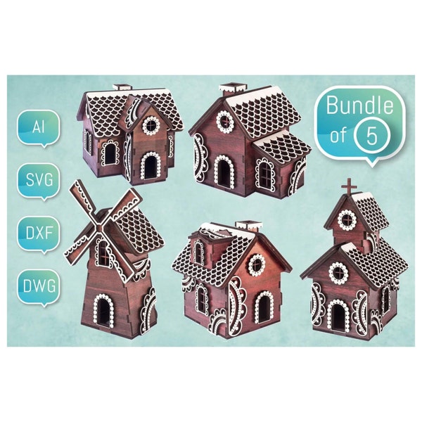 Gingerbread Christmas Village Houses 3D Home Decor Kit Laser Cut File Dollhouse Miniatura Casa SVG Glowforge Navidad