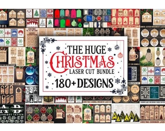 May include: A collage of 180+ Christmas-themed laser cut designs. The designs include ornaments, gift tags, snowflakes, and more. The text "The Huge Christmas Laser Cut Bundle 180+ Designs" is displayed in the center of the image.