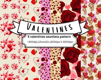 Valentines Seamless pattern with floral,hearts and bears