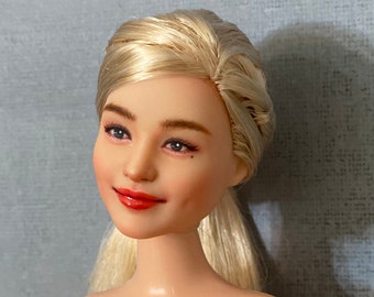 OOAK Barbie doll face repainted & Curvy non-articulated body included- Asian, eye direction forward, blonde hair, smiling face.