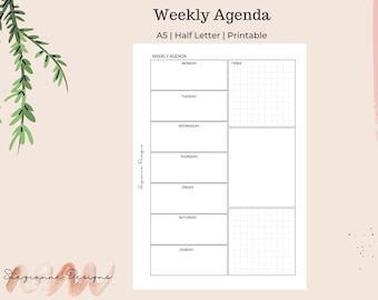 Printable Undated Weekly Agenda, Hobonichi inspired Weekly Agenda,  A5 Planner insert, Weekly Schedule