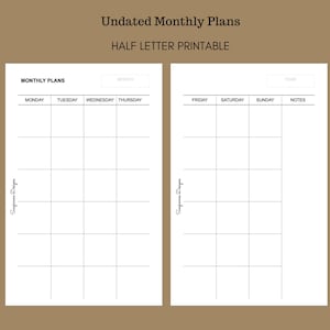 Printable | Undated Monthly Template | Monthly Calendar | Monday Start | Month on two page | Simple | Half Letter