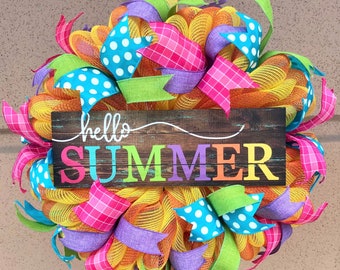 Hello Summer Wreath, Summer Wreath, Front Door Wreath, Colorful Summer Wreath, Summer Colors Wreath, Year Round Wreath, Summer Decor