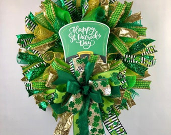 Happy St. Patrick’s  Day Wreath for Front Door, Irish Wreath, Clover Wreath, Leprechaun Hat Wreath, Shamrock Wreath, Green and Gold Wreath