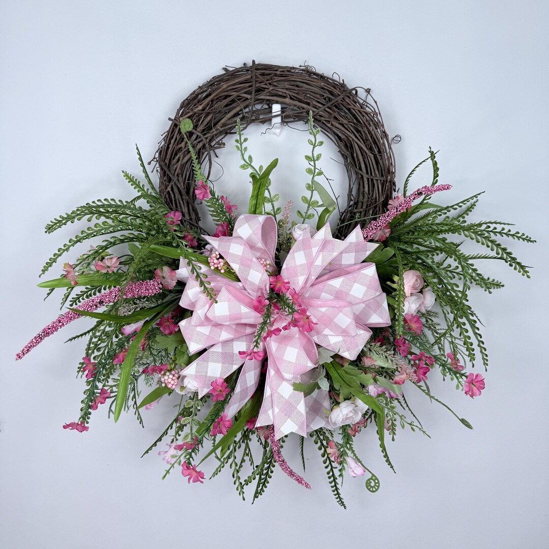Pink Gingham Spring Wreath, Front Door Wreath With Pink Flowers, Easter ...