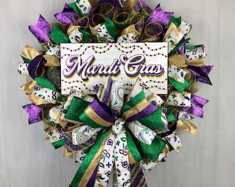 Mardi Gras Wreath for Front Door, Fat Tuesday Wreath, Mardi Gras Beads Wreath, Mardi Gras Decor