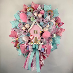 Gingerbread Wreath for Front Door, Christmas Gingerbread Decoration, Candy Christmas, Sweets Christmas, Pastel Gingerbread House Wreath