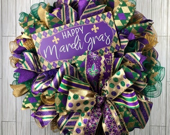 Mardi Gras Wreath for Front Door, Fat Tuesday Wreath, Happy Mardi Gras Wreath, Mardi Gras Decor