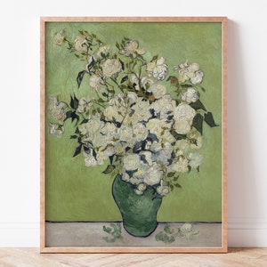 May include: A painting of a vase filled with white roses. The vase is green and the background is a light green. The painting is in a wooden frame.