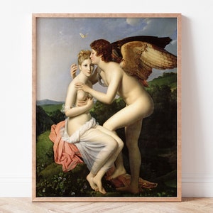 Puede incluir: Una impresión enmarcada de una pintura clásica que representa dos figuras desnudas. Una figura, con alas, abraza a la otra. La obra de arte presenta una paleta de colores suaves con colinas verdes y un cielo azul, creando una escena serena y romántica.
