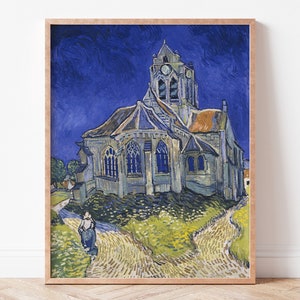 Pode incluir: Impressão emoldurada de uma pintura que retrata uma igreja à noite. A obra apresenta uma igreja com uma alta torre, um caminho e uma figura caminhando pelo caminho. A paleta de cores inclui azuis, amarelos e laranjas.
