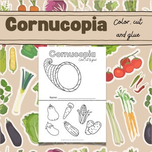 Cornucopia Color Cut and Glue Activity | Thanksgiving Worksheet | Thanksgiving Activity | Cornucopia Coloring Page