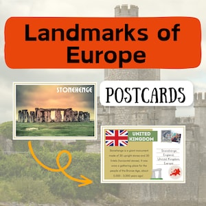 Oriëntatiepunten van Europa Ansichtkaarten | Cultuurkaarten | Aardrijkskundespel | Montessori | Sociale Studies