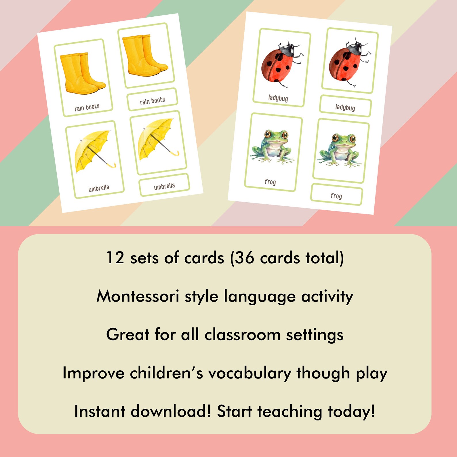 Spring Vocabulary 3 Part Cards | Montessori Language Cards | Matching ...