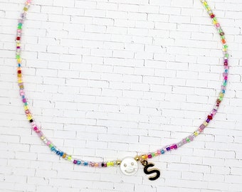 Handmade 90s Y2K Inspired Trendy Beaded Necklace Random Choker Fun Beads Smiley Face Fun Rainbow Necklace Bright Unique