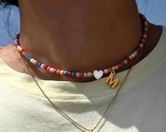 Initial Colorful Bead Necklace, Initial Choker for Girls, Letter Choker for Women, Custom Beaded Necklace, Summer Bohemian for layering