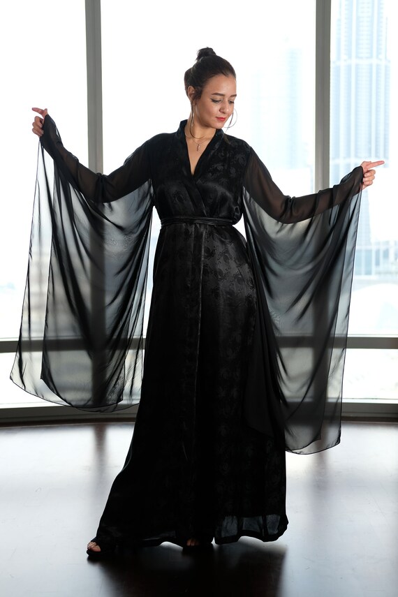 Kimono Robe Black Silk & Chiffon Robe Plus Size Silk - Etsy