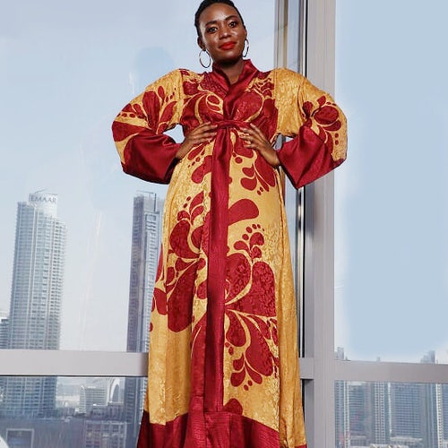 Fon kimono robe, burgundy selling red & gold dressing robe, plus size