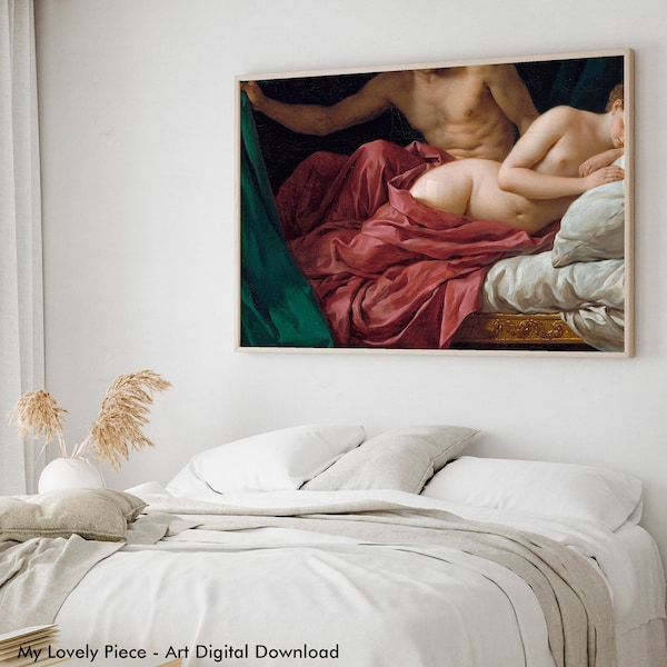 Two Lovers Naked Lying in Bed, Vintage Printable Bedroom Wall Art - Instant Download