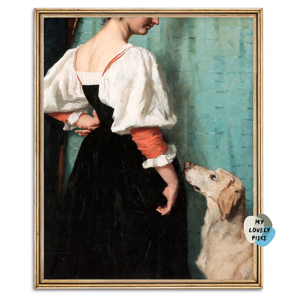 Jeune femme avec son portrait de Labrador, peinture à l’huile imprimable - Téléchargement instantané