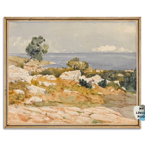 Seaside Landscape Print File – Pine Tree on Sea Coast Watercolor – Rocky Shore and Trees – Coastal Landscape - Marine Art Instant Download