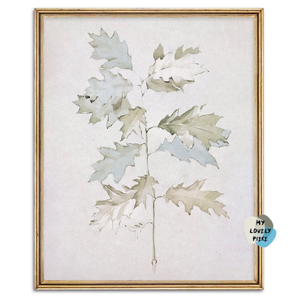 Oak Branch Botanical Sketch Study, Large Neutral Wall Art Printable - Instant Download