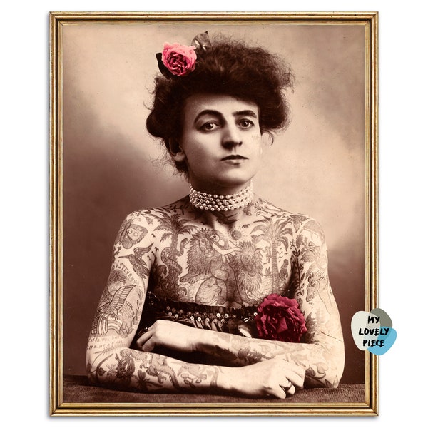 Tattooed Woman Portrait Maud Stevens, Printable Vintage Photograph - Instant Download