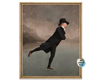 Skating Gentleman with Top Hat, Vintage Painting Winter Wall Decor - Instant Download