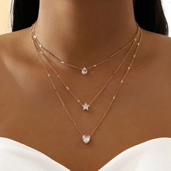 Collier à trois couches, collier de chaîne triple couche, collier choker en argent, ensemble de colliers empilables, collier minimaliste, cadeau de fête des mères