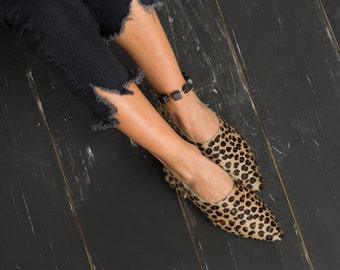 Handmade Leopard Pony Leather Flats, Women's Soft Moccasins
