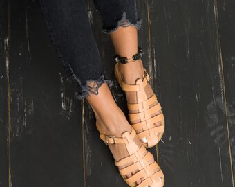 Handgemachte griechische Leder Gladiator Sandalen, Natur Beige