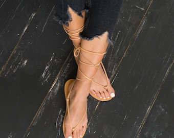 Handgemachte griechische Leder Gladiator Sandalen, Natur Beige
