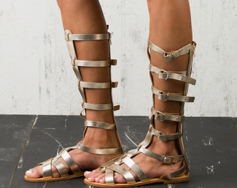 Handgemaakte goudleren gladiatorsandalen, kniehoog, Griekse stijl