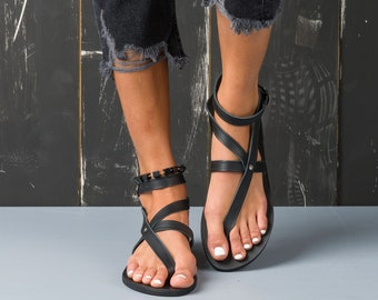 Handmade Black Leather Gladiator Sandals, Greek Style