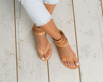 Calf Leather sandals, Ancient Greek sandals, natural beige sandals, Thong sandals Handmade in Greece, genuine greek leather sandals, sandals