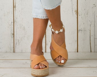 Handmade Greek Leather Platform Sandals, Beige Gladiator Sandal