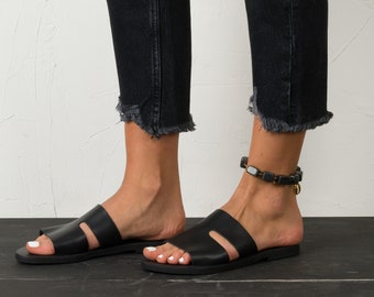 Handmade Leather Greek Sandals, Black Roman Style