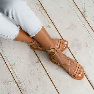 Handmade Greek Leather Lace-Up Sandals, Natural Beige