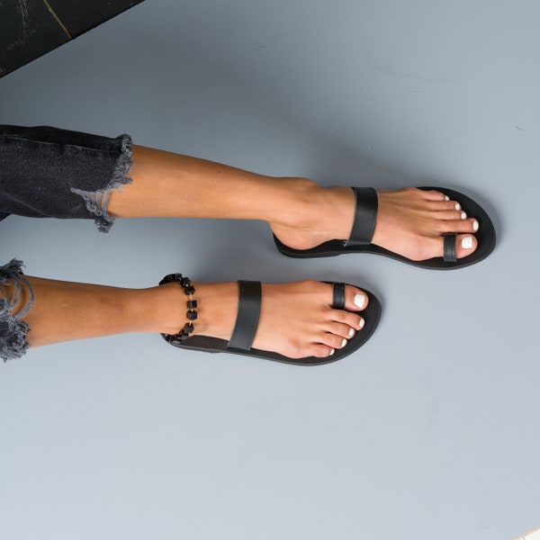 Greek leather sandals, Ancient Greek sandals,women sandals,Leather Flats,Toe ring sandals,Black leather flats,Handmade in Greece