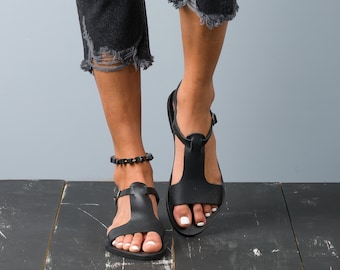 Handmade Leather T-Strap Sandals, Greek Roman Style