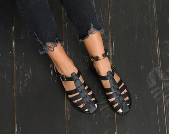 Handmade Leather Greek Gladiator Sandals, Black Roman Style