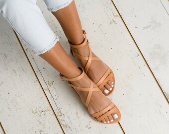 Handgemachte Griechische Leder Riemchen Sandalen, Natur Beige